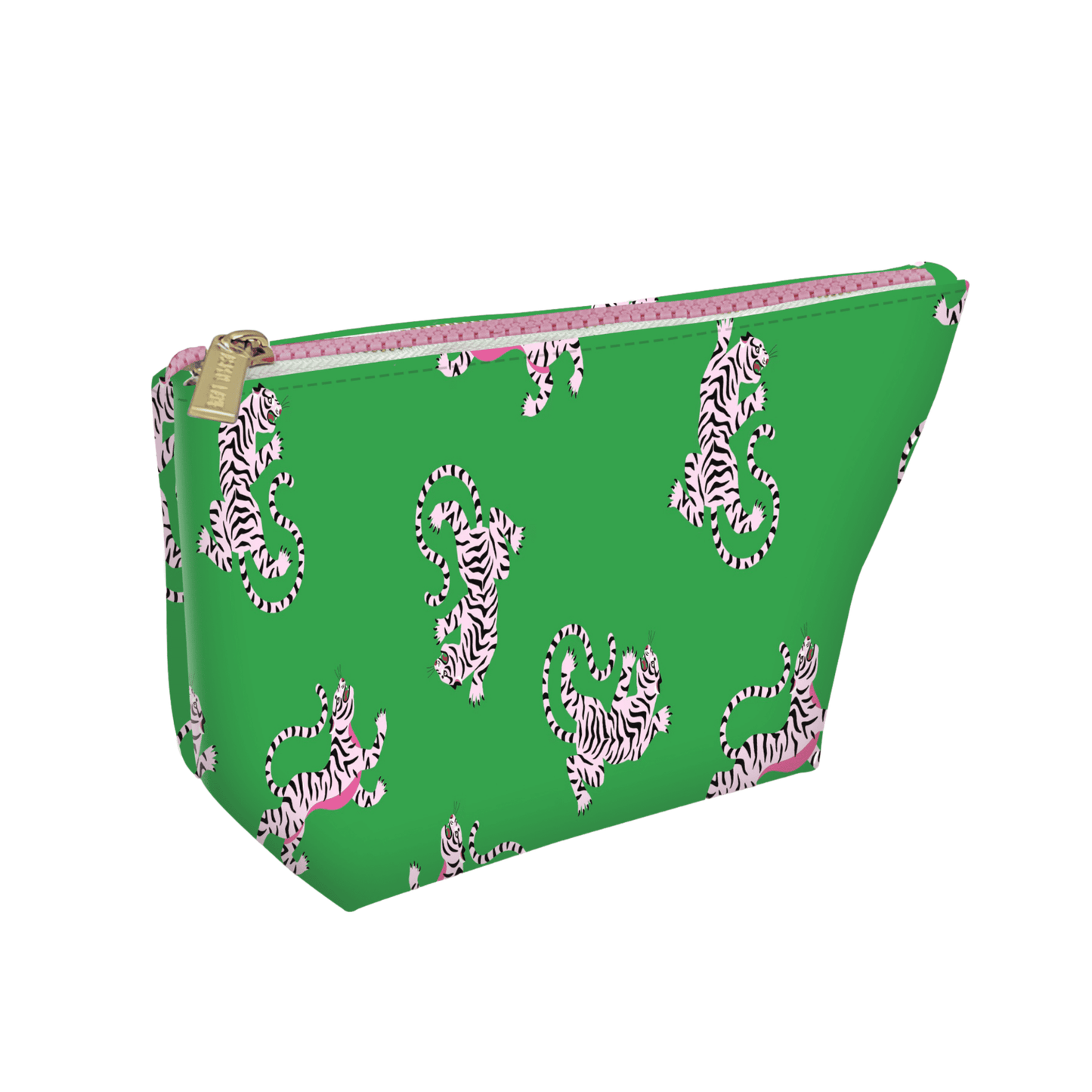 Cute pink and green tiger print leather pouch cosmetic bag, 9"x6".