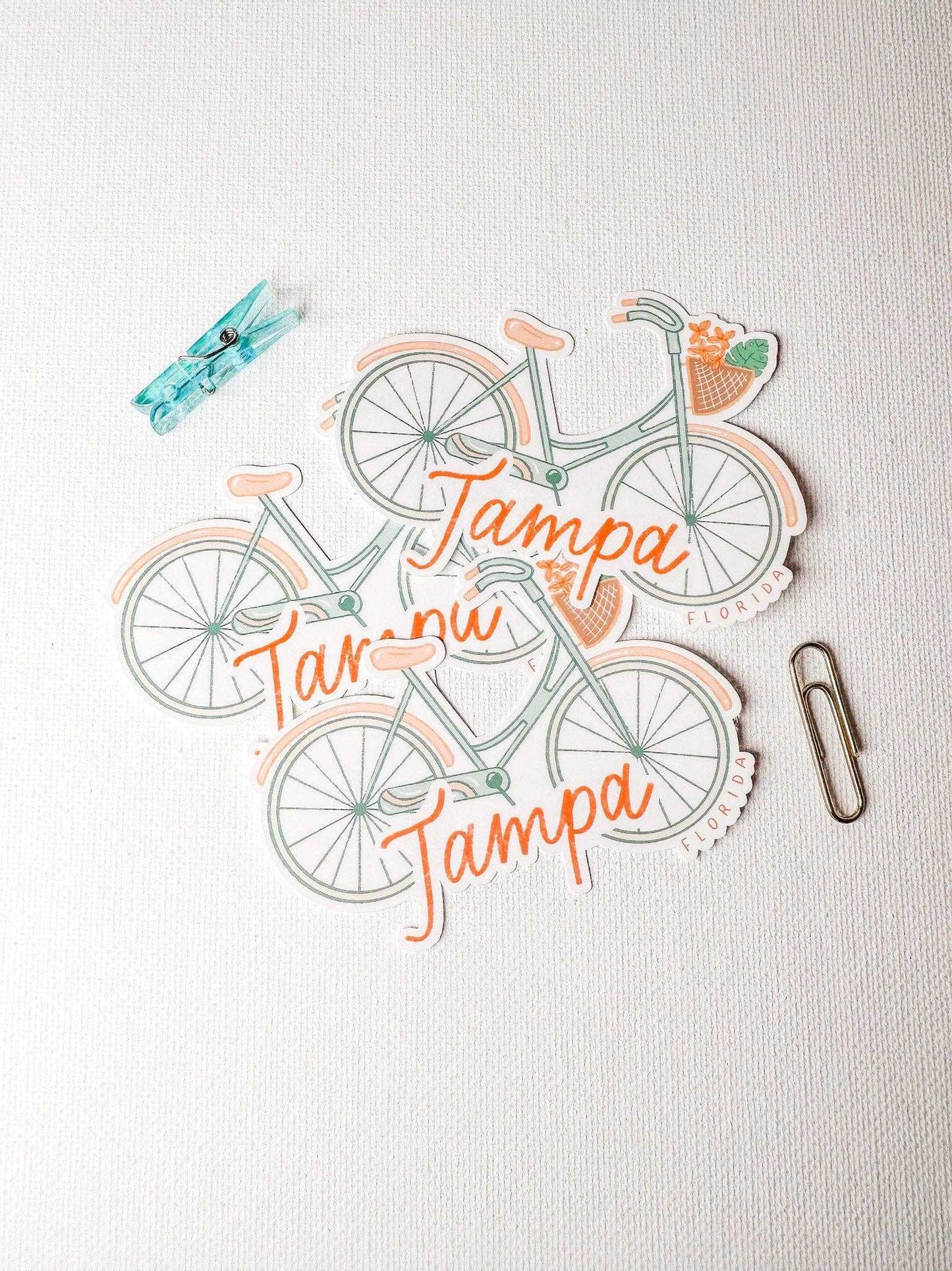 Cute Tampa bike sticker with illustrated bicycles for laptops and water bottles.