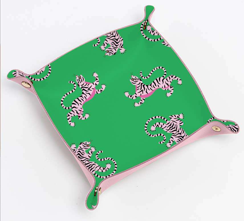 Cute tiger pink trinket tray with green background and pink tiger patterns, made from Saffiano PU leather.