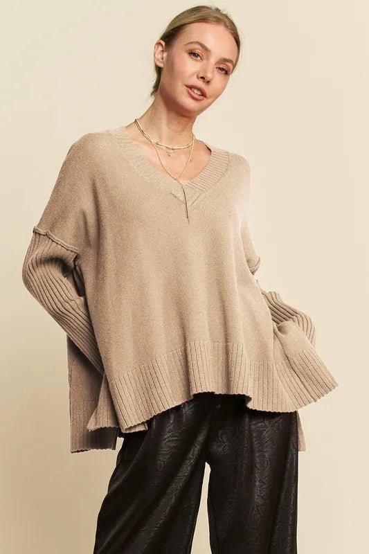 Davi & Dani Ribbed Side Slit V - Neck Sweater - Jennie Dots