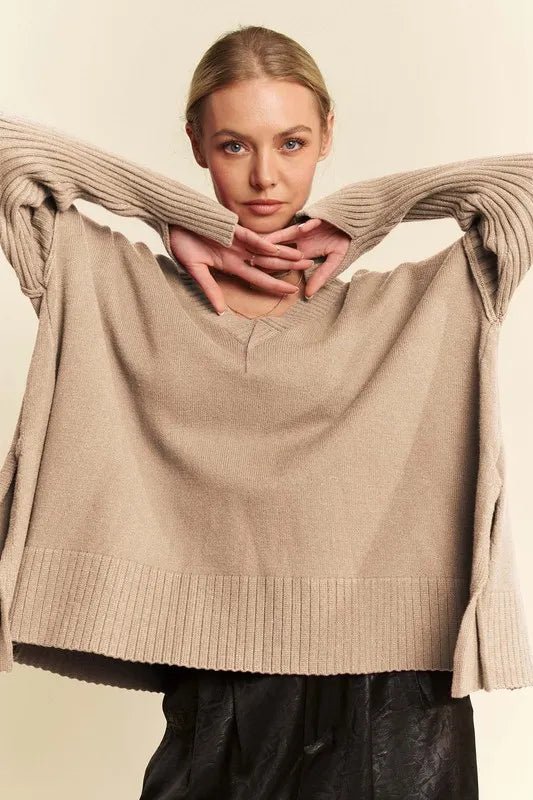 Davi & Dani Ribbed Side Slit V - Neck Sweater - Jennie Dots