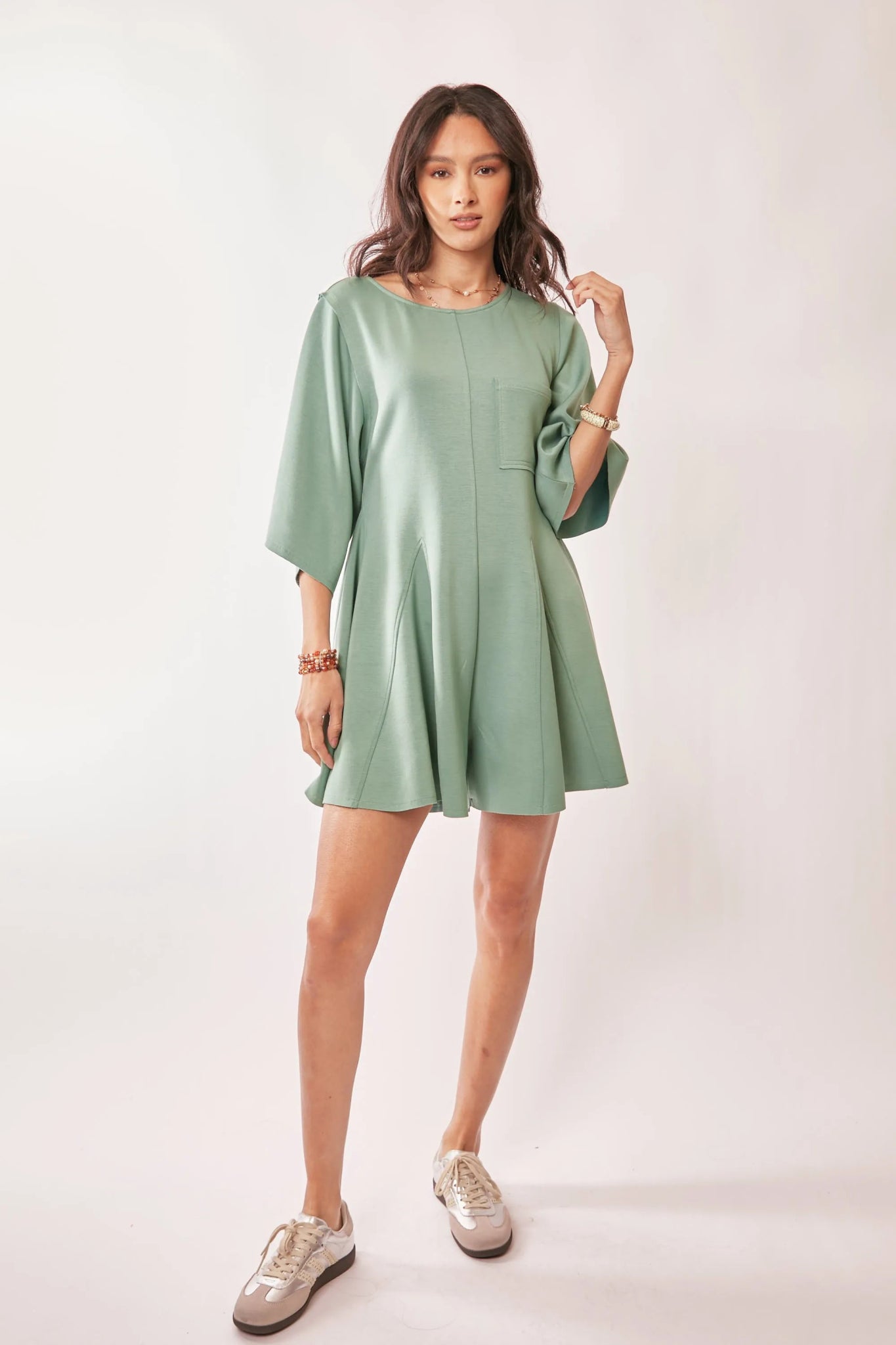 Davi & Dani Solid Draped Sleeve Ties Back Skort Romper - Jennie Dots