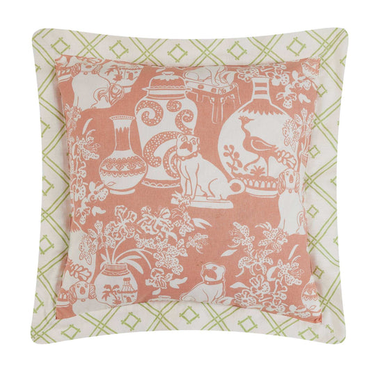 Dog Vase Rose printed pillow with 100% cotton fabric and velvet backing, Madcap Cottage design.