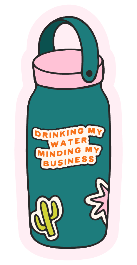Drinking My Water Minding My Business sticker with matte finish, featuring a water bottle design and cactus accents.