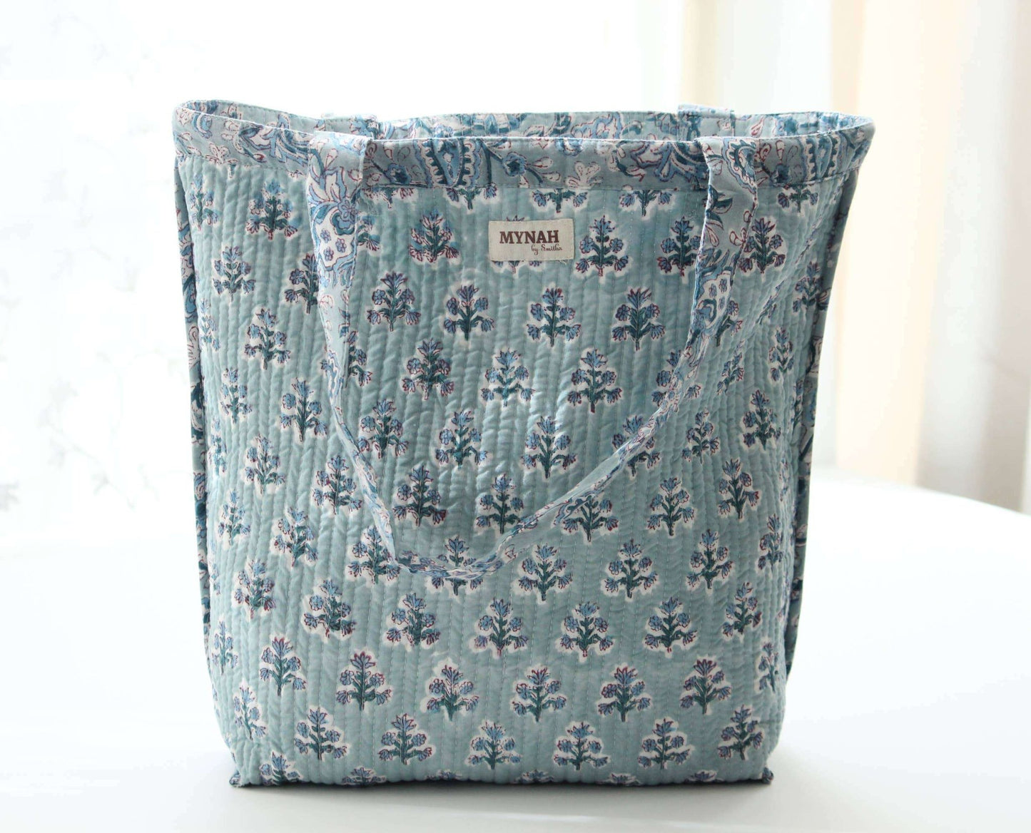 Dusty blue floral print reversible tote bag - Small laptop bag - Jennie Dots