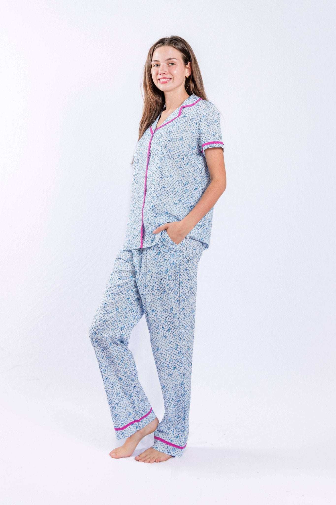 Dutch Lily print pajamas set with short sleeve button down top and pants, featuring cotton lace trim and Swiss Dot textured fabric.