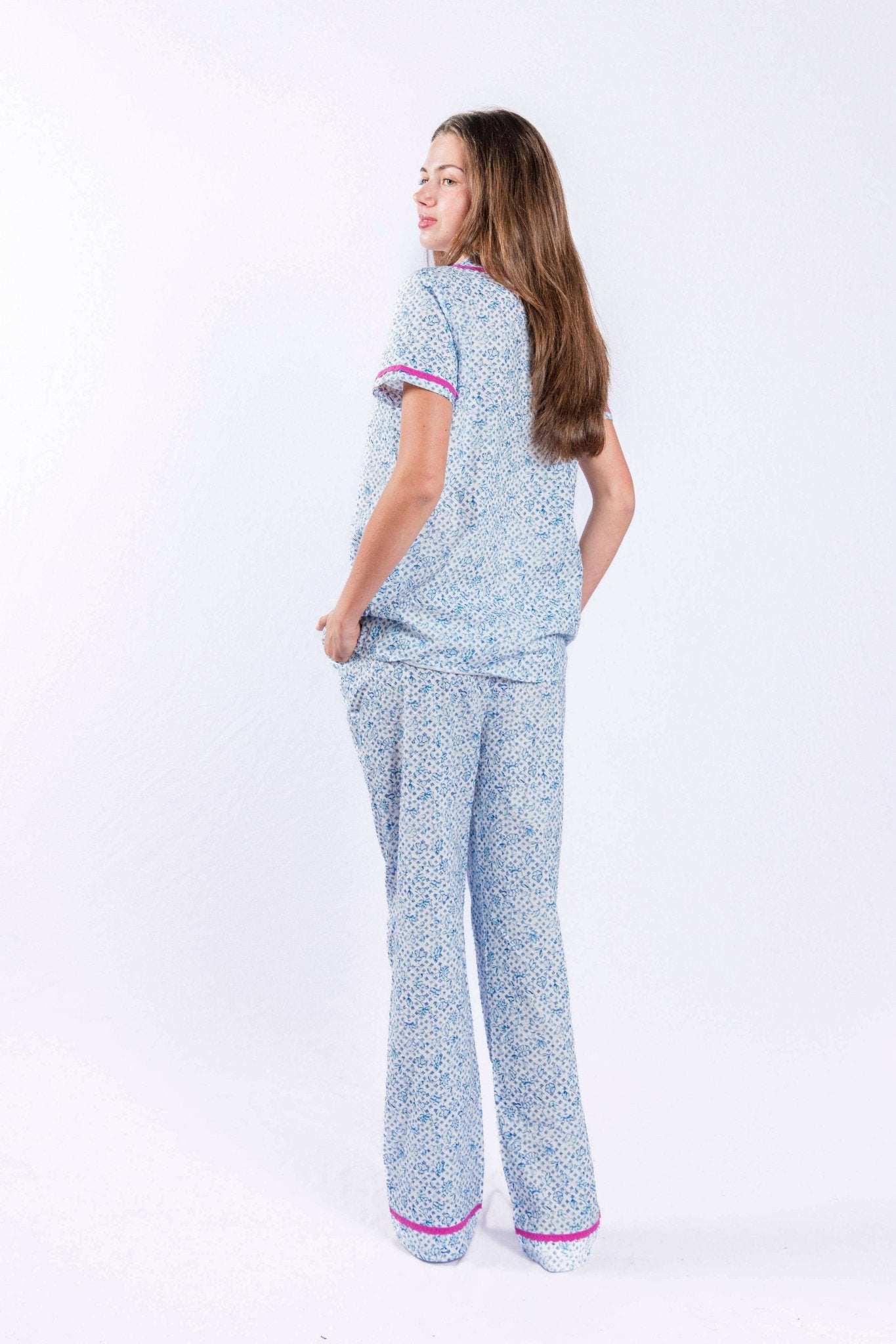 Dutch Lily Short Sleeve Button Down Pajama Set with whimsical floral print and cotton lace trim.