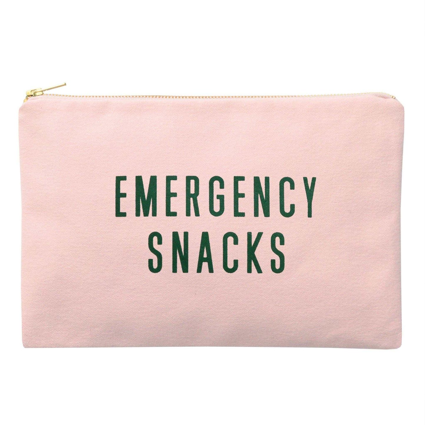 Blush pink emergency snacks pouch with dark green print, canvas zip bag.