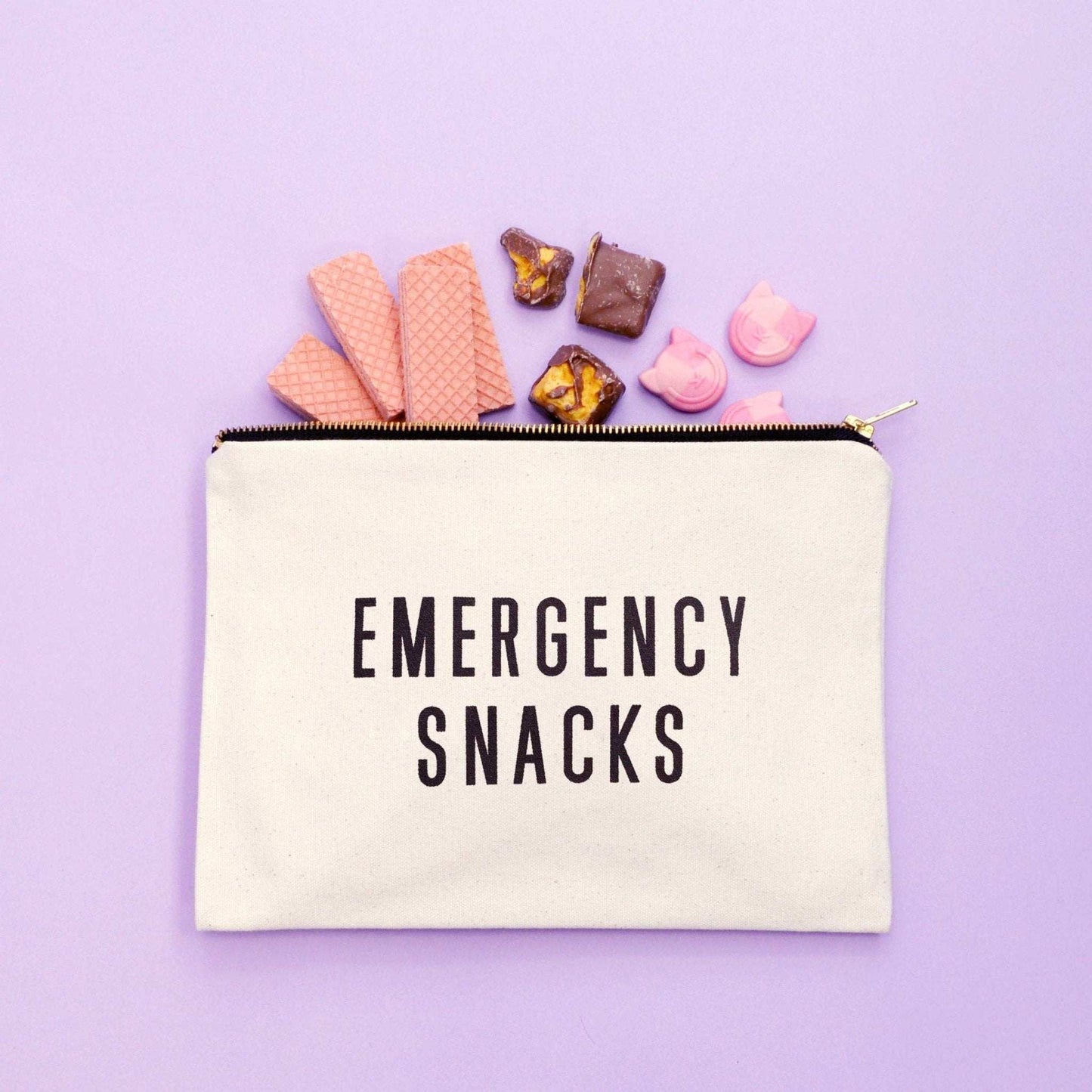 Large canvas pouch for emergency snacks with zipper and black print design.