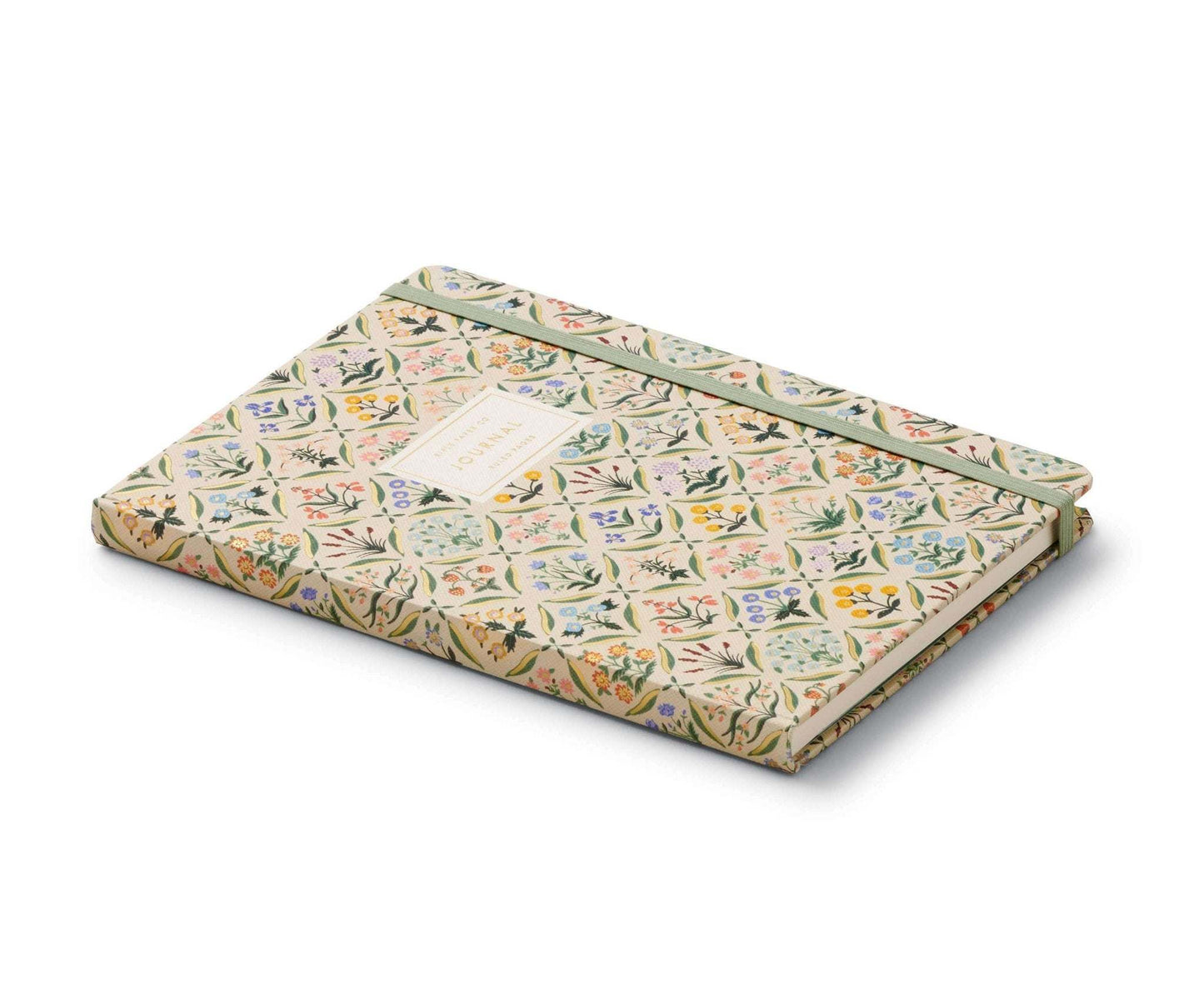 Floral hardcover Rifle Paper Co. Estee Journal with elastic closure and matching pen.