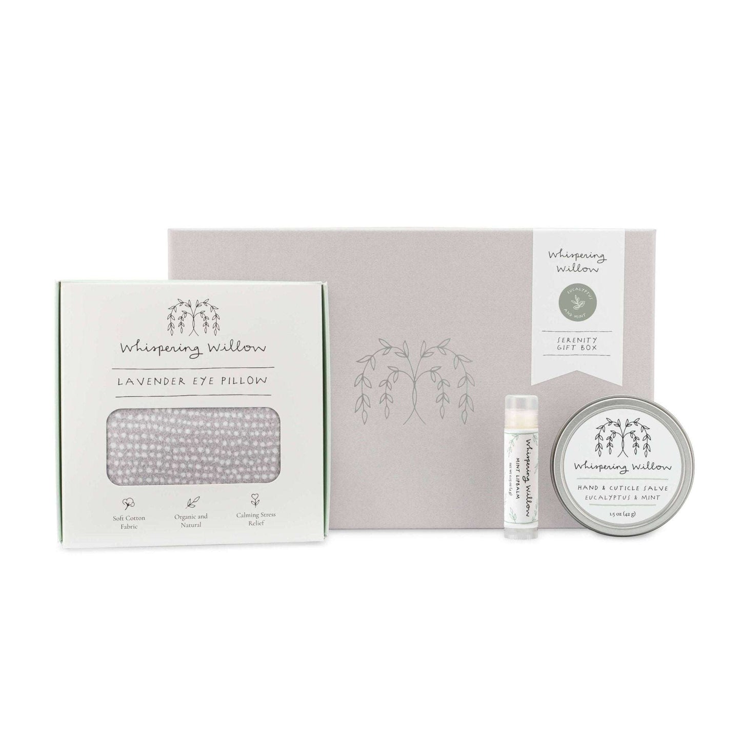 Eucalyptus & Mint Serenity Gift Set with lavender eye pillow, salve, and lip balm in linen-wrapped box.