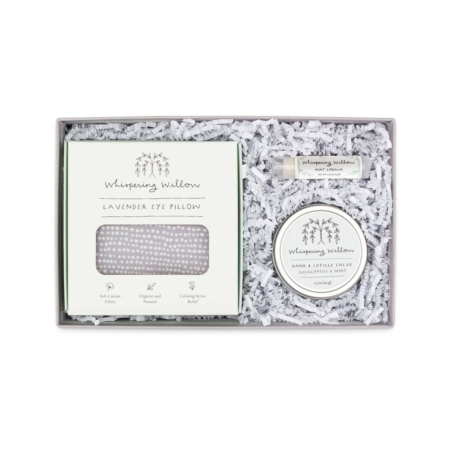 Eucalyptus & Mint Serenity Gift Set with eye pillow, salve, and lip balm in linen box.