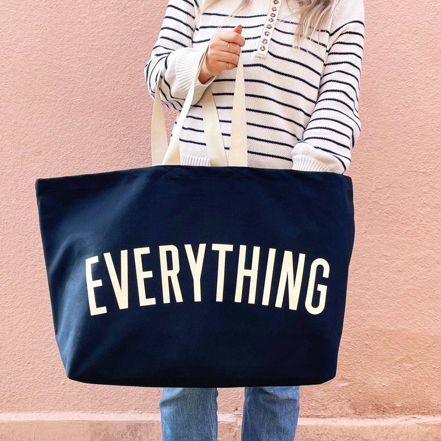 Midnight Blue REALLY Big Bag, oversized canvas tote with bold "Everything" print.