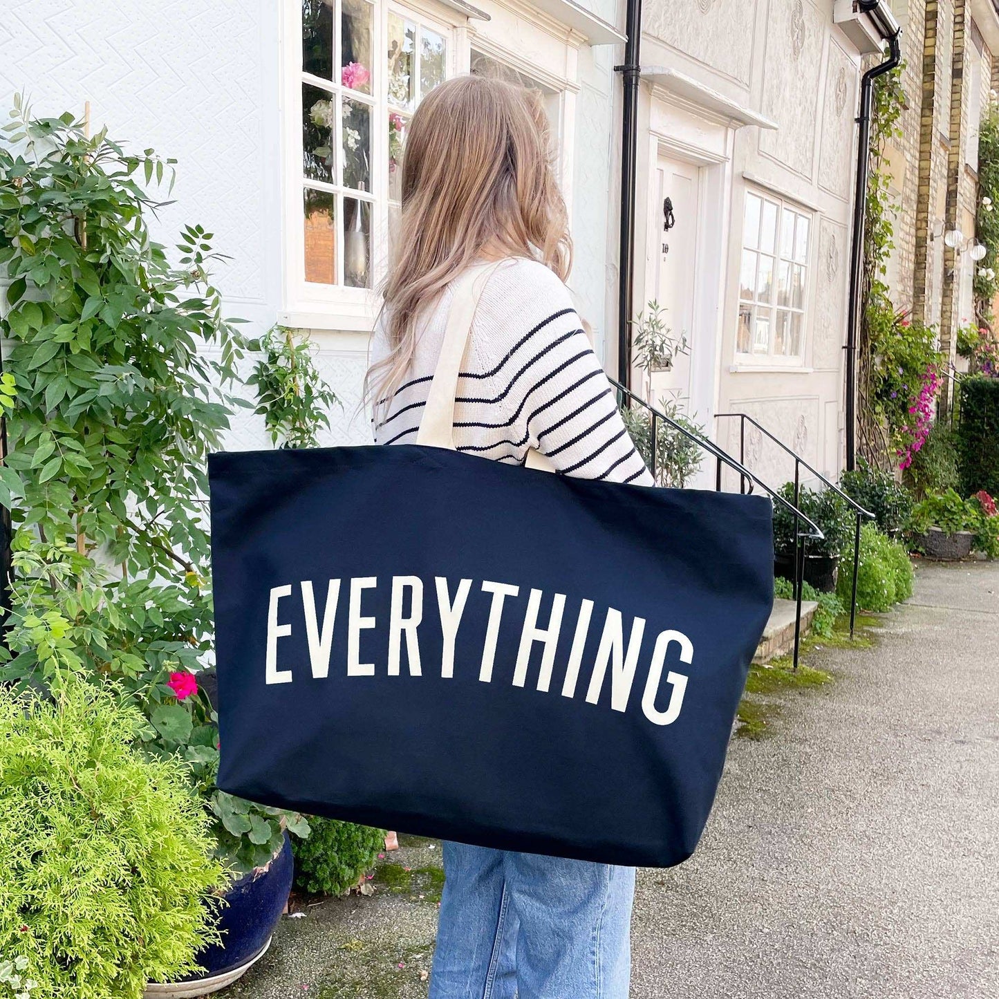 Midnight Blue REALLY Big Bag with bold "EVERYTHING" print, extra large canvas tote.