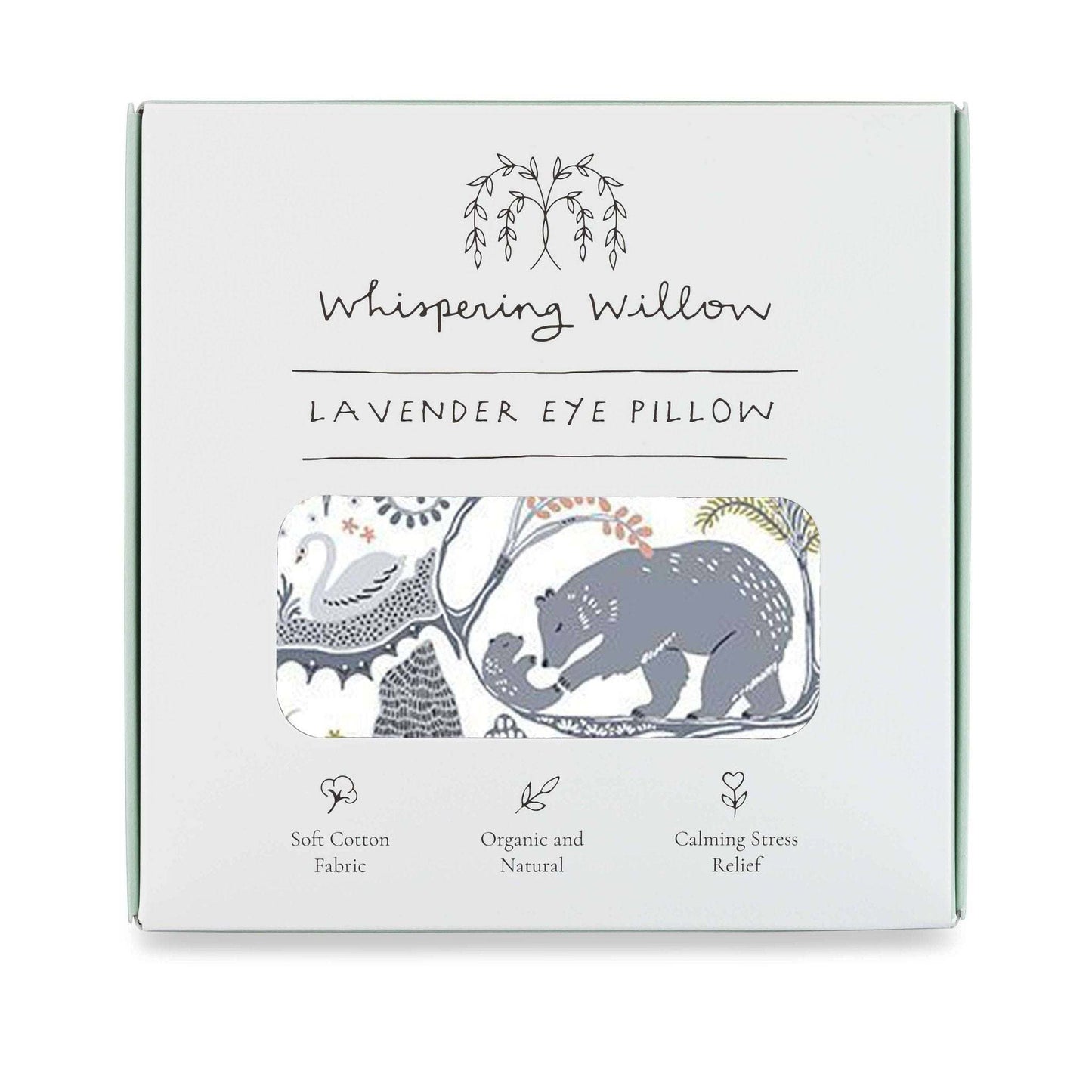 Whispering Willow Lavender Eye Pillow in a decorative box with calming forest design.