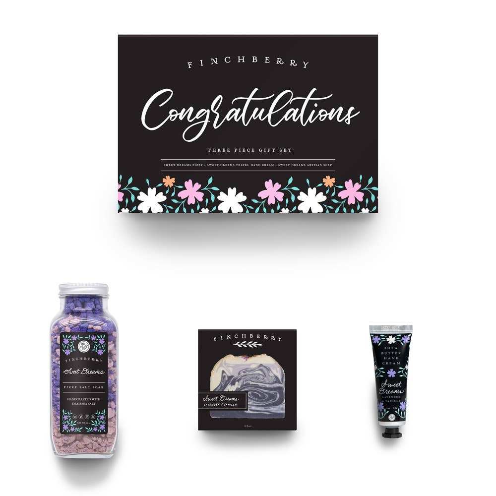 FinchBerry Congratulations handcrafted bath and body gift set with soap, soak, and hand cream.