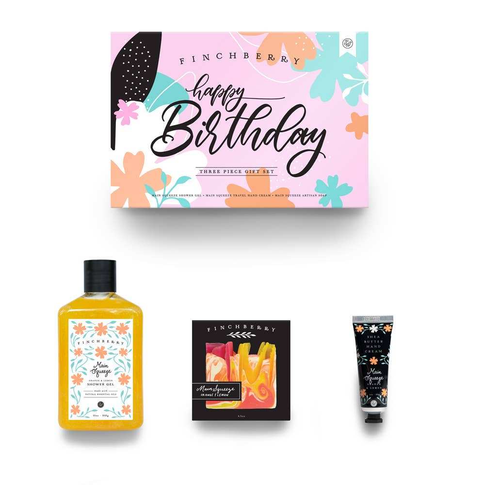 Finchberry Happy Birthday 3 Pc Bath & Body Gift Set with soap, shower gel, and hand cream.