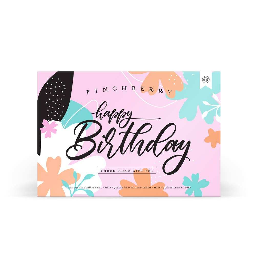Finchberry Happy Birthday 3 Pc Bath & Body Gift Set packaging with colorful floral design.