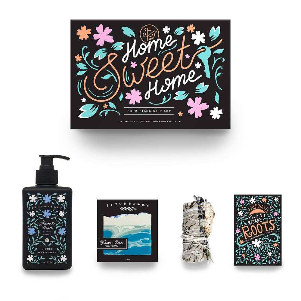 FinchBerry Home Sweet Home 4 Pc Bath & Body Set Gift featuring soap, hand soap, sage stick, and seed packet.