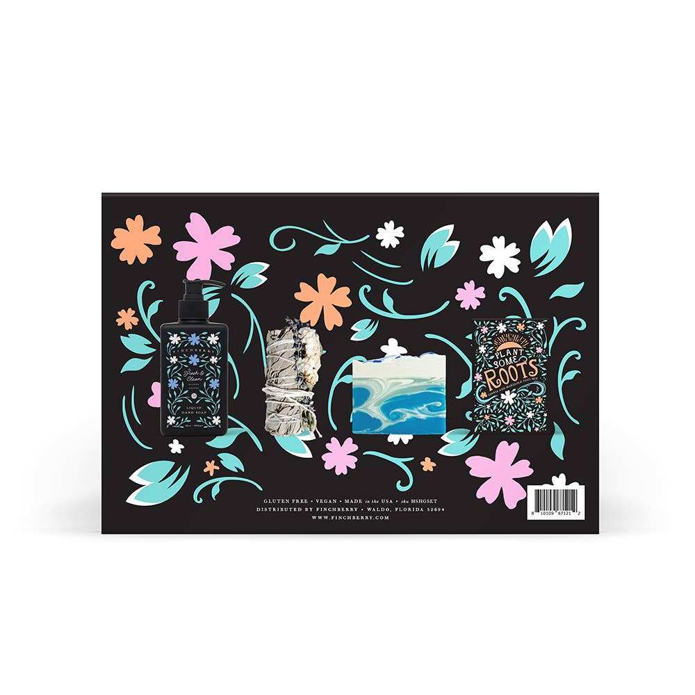 Home Sweet Home 4 Pc Bath & Body Set Gift with soap, liquid hand soap, sage stick, and seed packet.