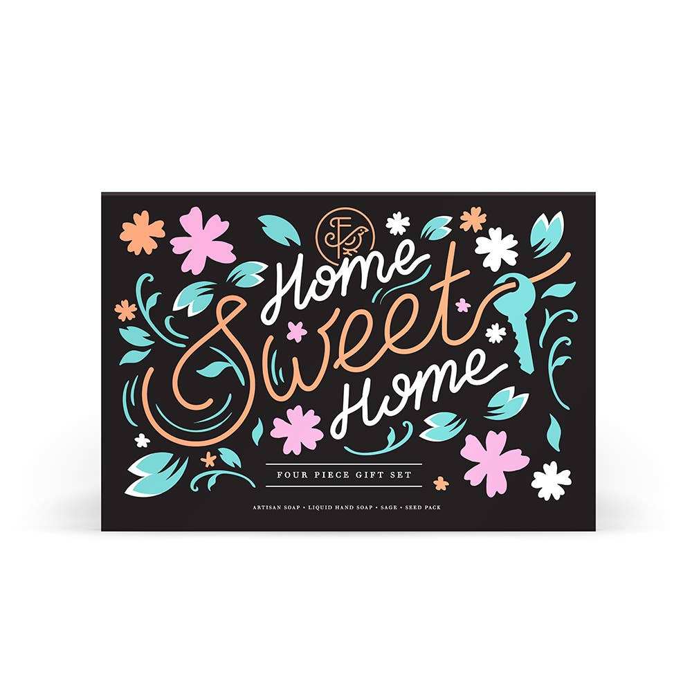 FinchBerry Home Sweet Home bath and body gift set with soap, hand soap, sage, and seed packet.