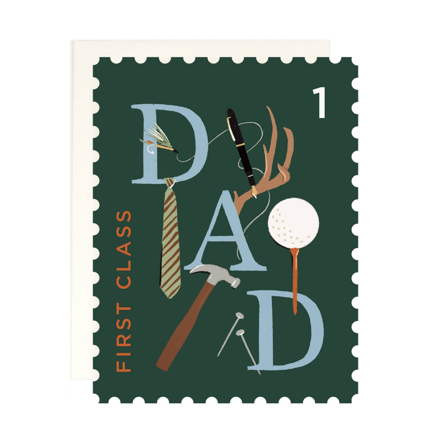 First Class Dad greeting card with die-cut design, featuring sports and tool motifs, warm white cover, and coordinating envelope.