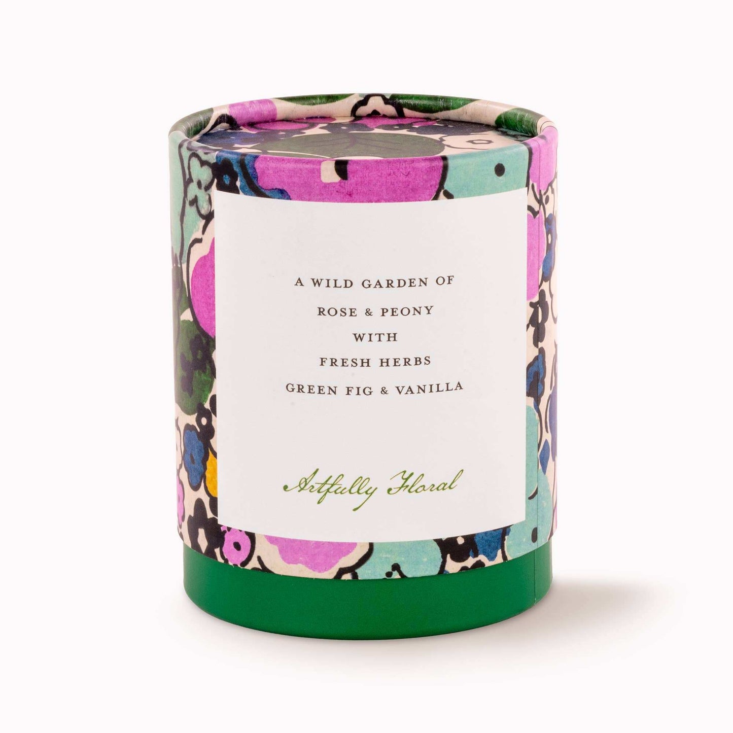 Florale Candle with floral pattern packaging and cream glass vessel.