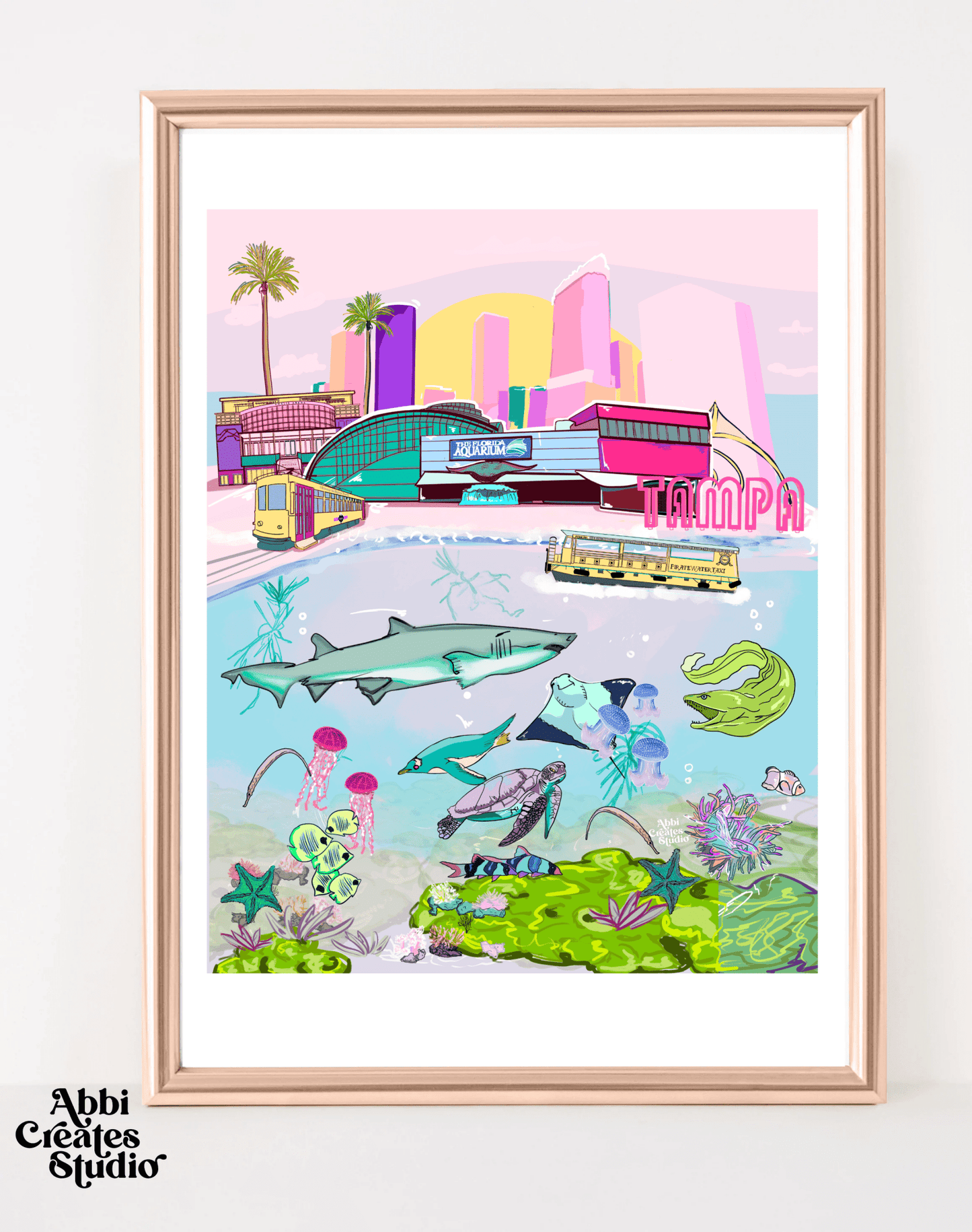 Florida Aquarium Tampa Bay art print on display, featuring vibrant marine life and Tampa skyline.