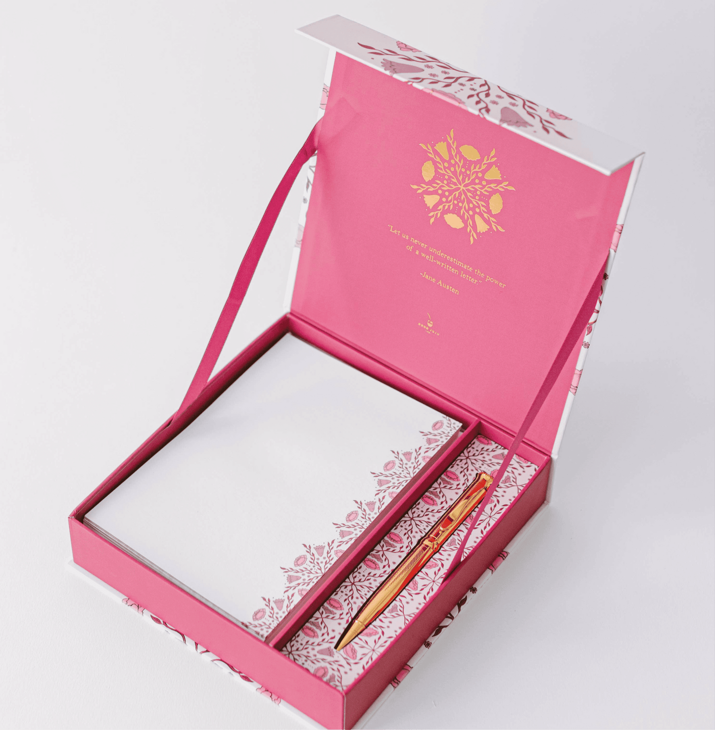 Folk Pattern Luxury Stationery Set in pink/purple with gold accessories and keepsake box.