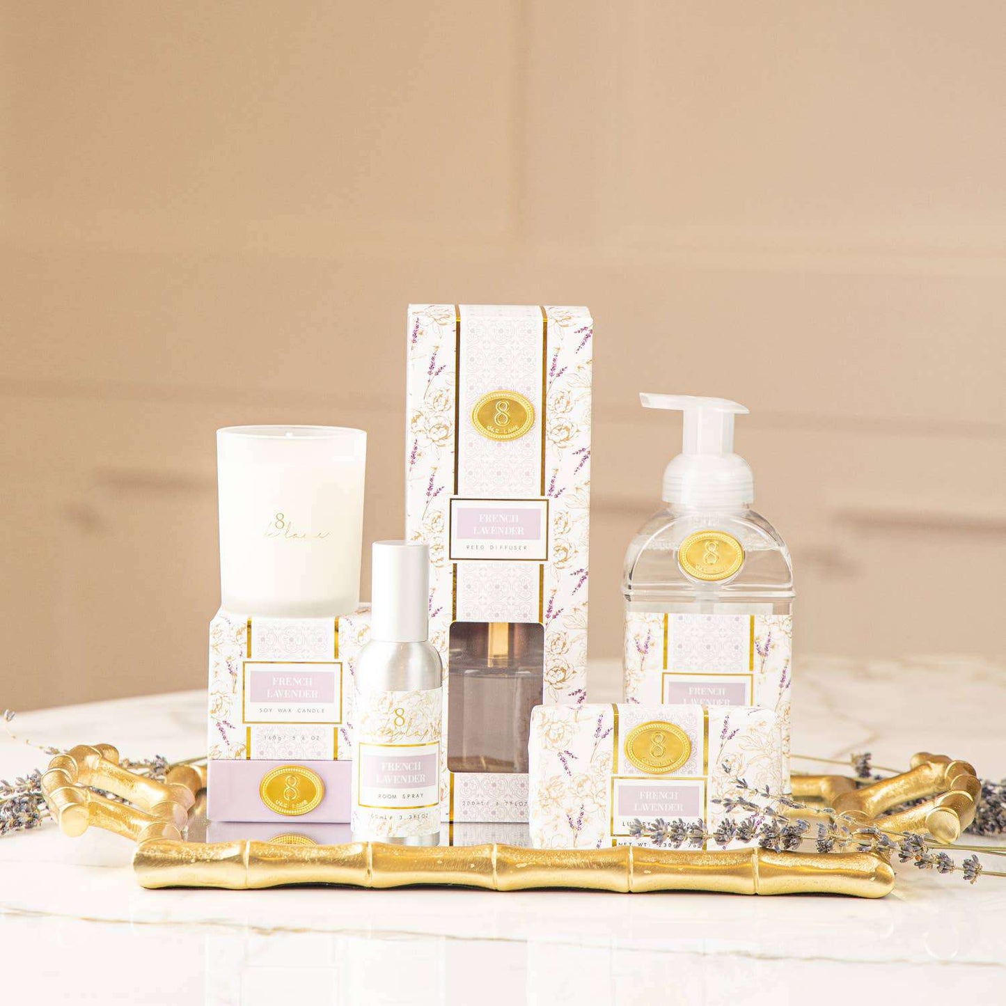 French Lavender 5.6oz Soy Wax Candle in decorative packaging with floral print.