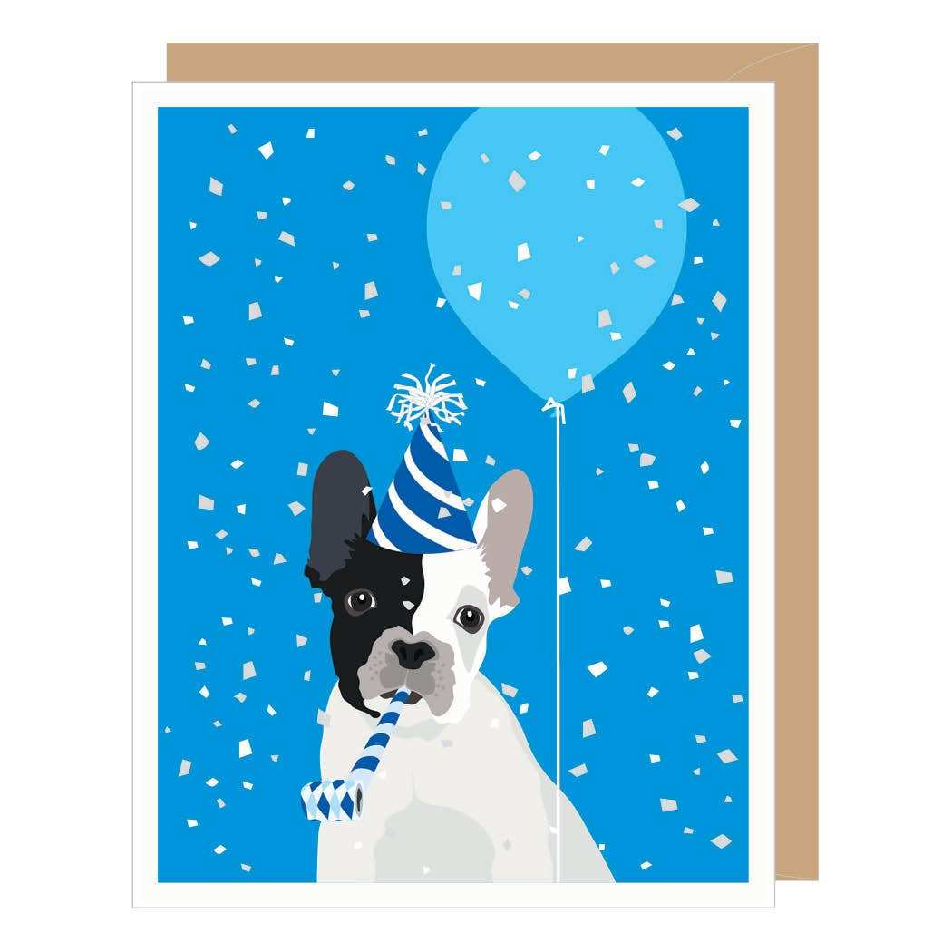 Frenchie Birthday Card with a French Bulldog, blue balloon, and confetti on premium recycled paper.