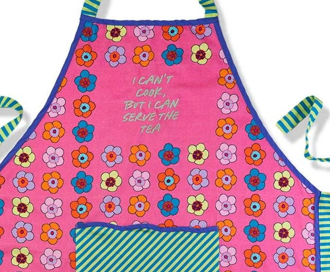 Colorful floral print apron with the text 'I Can't Cook But I Can Serve The Tea' - serve the tea apron.