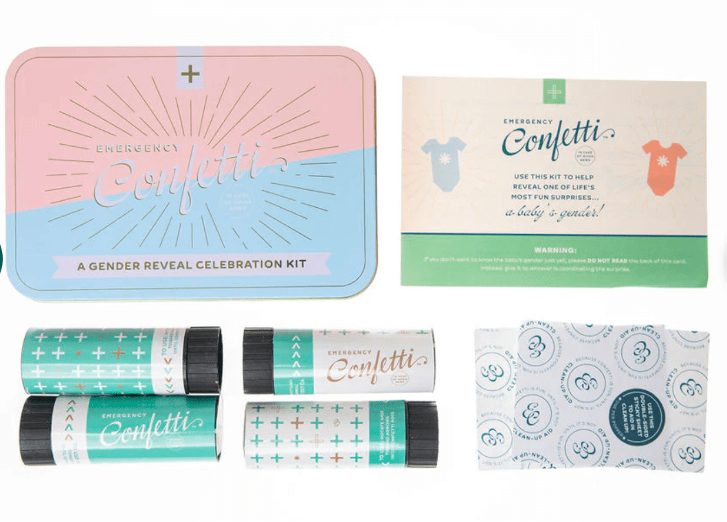 Gender Reveal Celebration Kit with pink and blue confetti poppers, cleanup aids, reusable tin, and instructions.