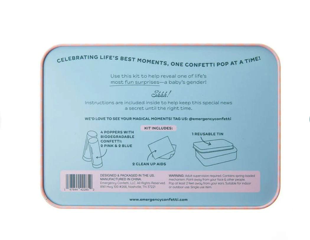 Gender Reveal Celebration Kit with confetti poppers, cleanup aids, and tin.