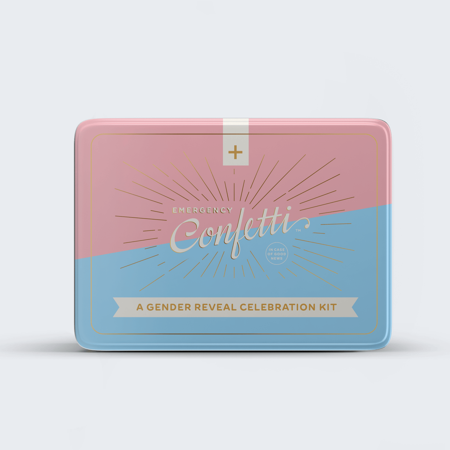 Gender Reveal Celebration Kit with pink and blue poppers and reusable tin.