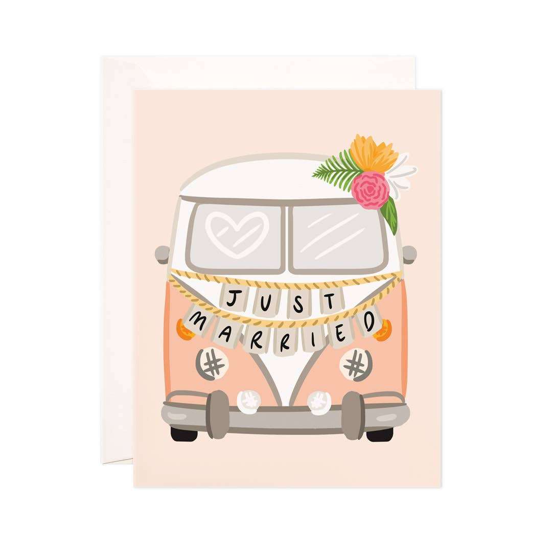 Getaway Van wedding greeting card with "Just Married" banner and floral decoration.