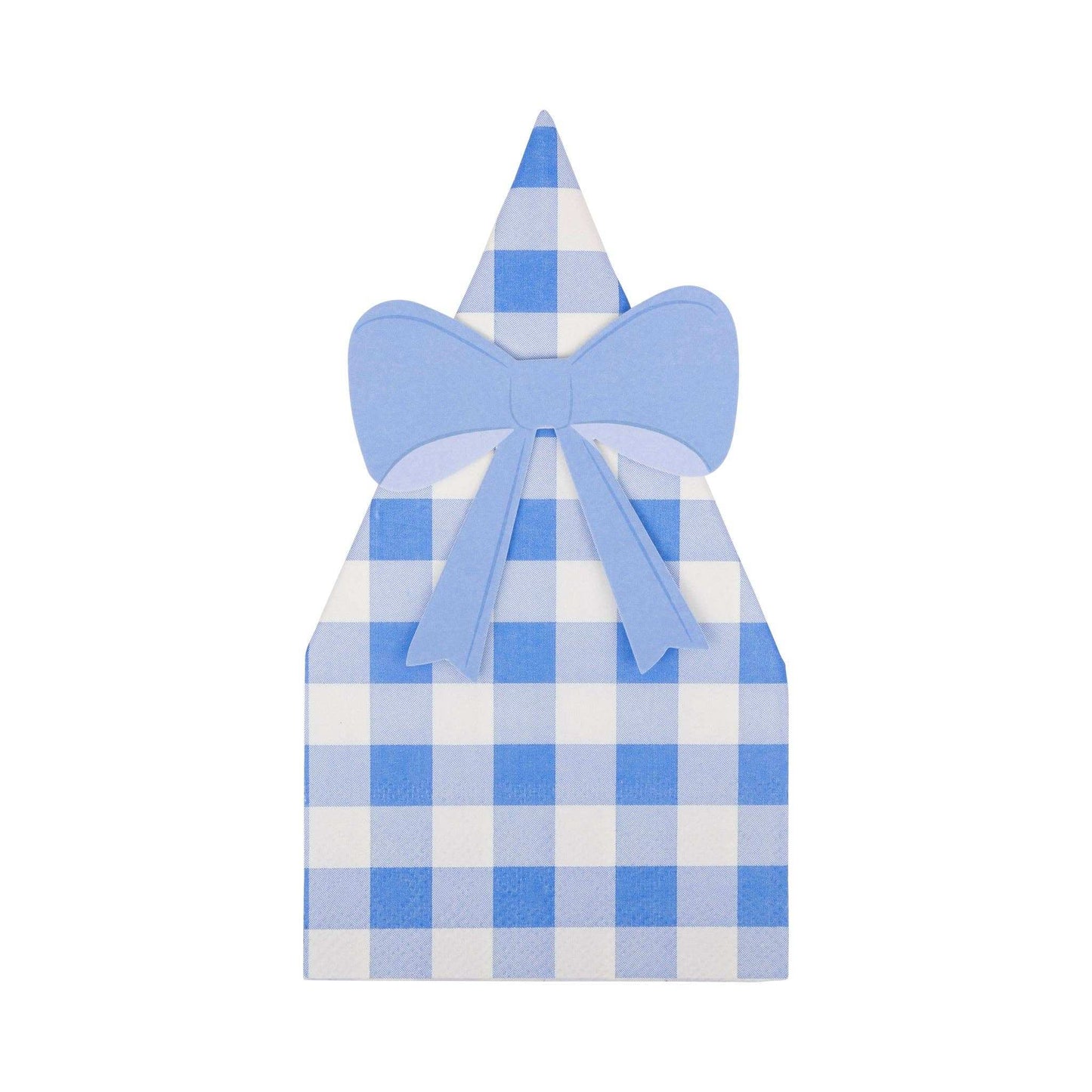 Blue gingham guest napkin and paper bow ring set for table decor.