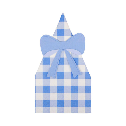 Blue gingham guest napkin and paper bow ring set for table decor.