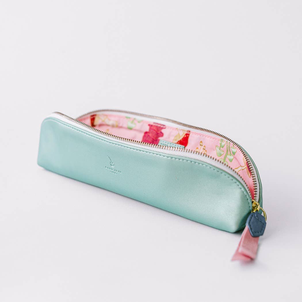Good Juju Ink - Luxe Slim Pencil Pouch - Metallic Seafoam Green - Jennie Dots