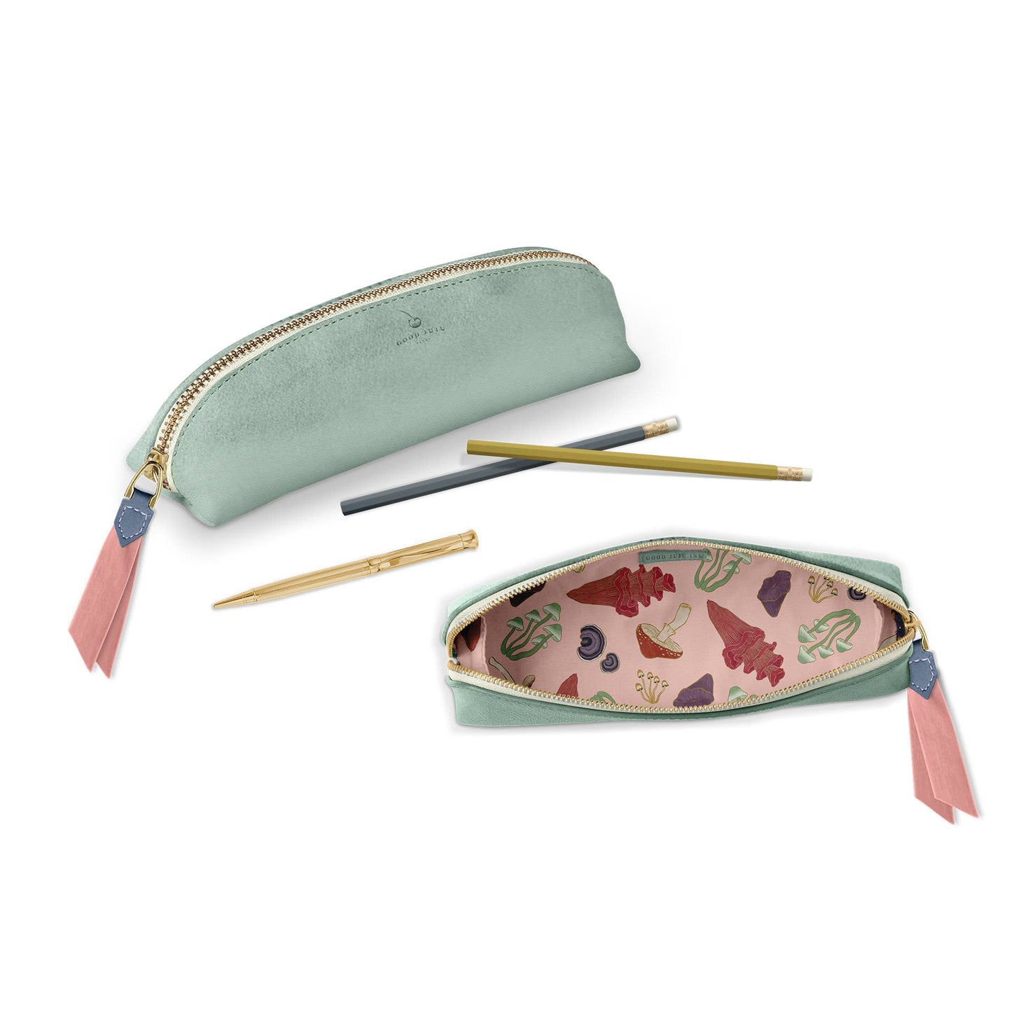 Good Juju Ink - Luxe Slim Pencil Pouch - Metallic Seafoam Green - Jennie Dots