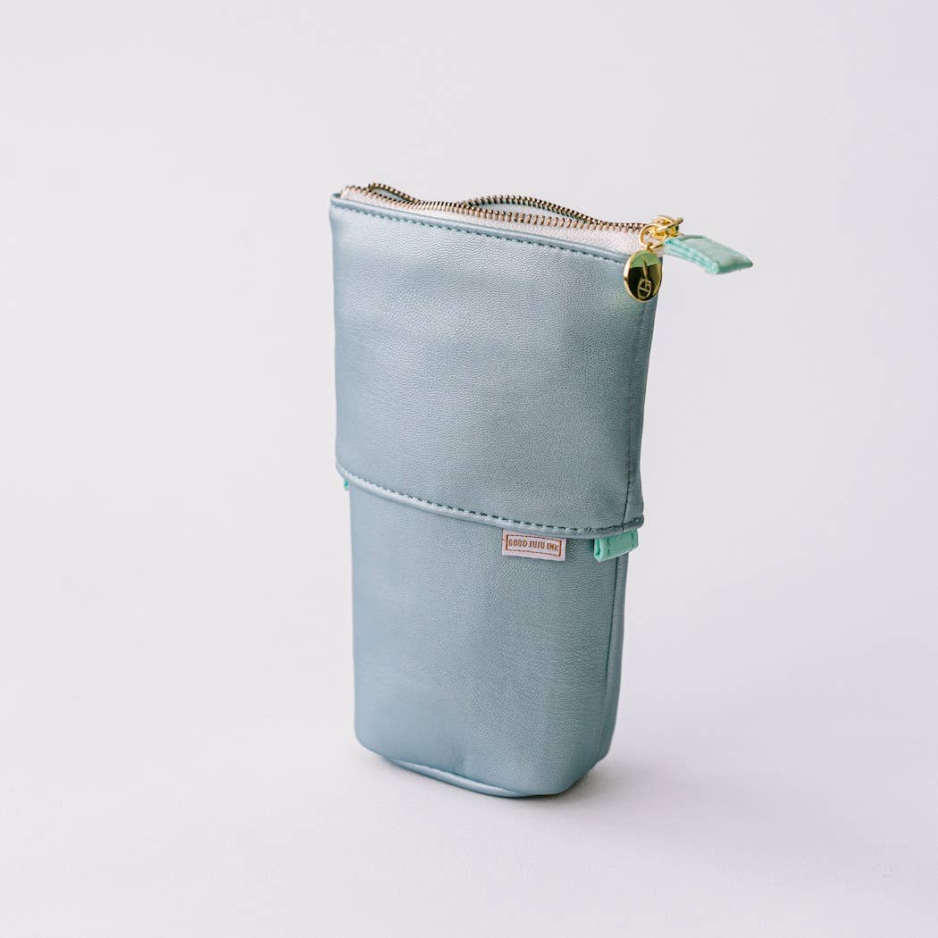 Good Juju Ink - Luxe Standing Pencil Pouch - Metallic Blue Sky - Jennie Dots