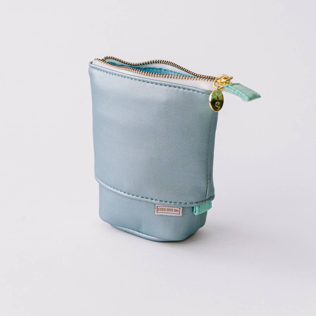 Good Juju Ink - Luxe Standing Pencil Pouch - Metallic Blue Sky - Jennie Dots