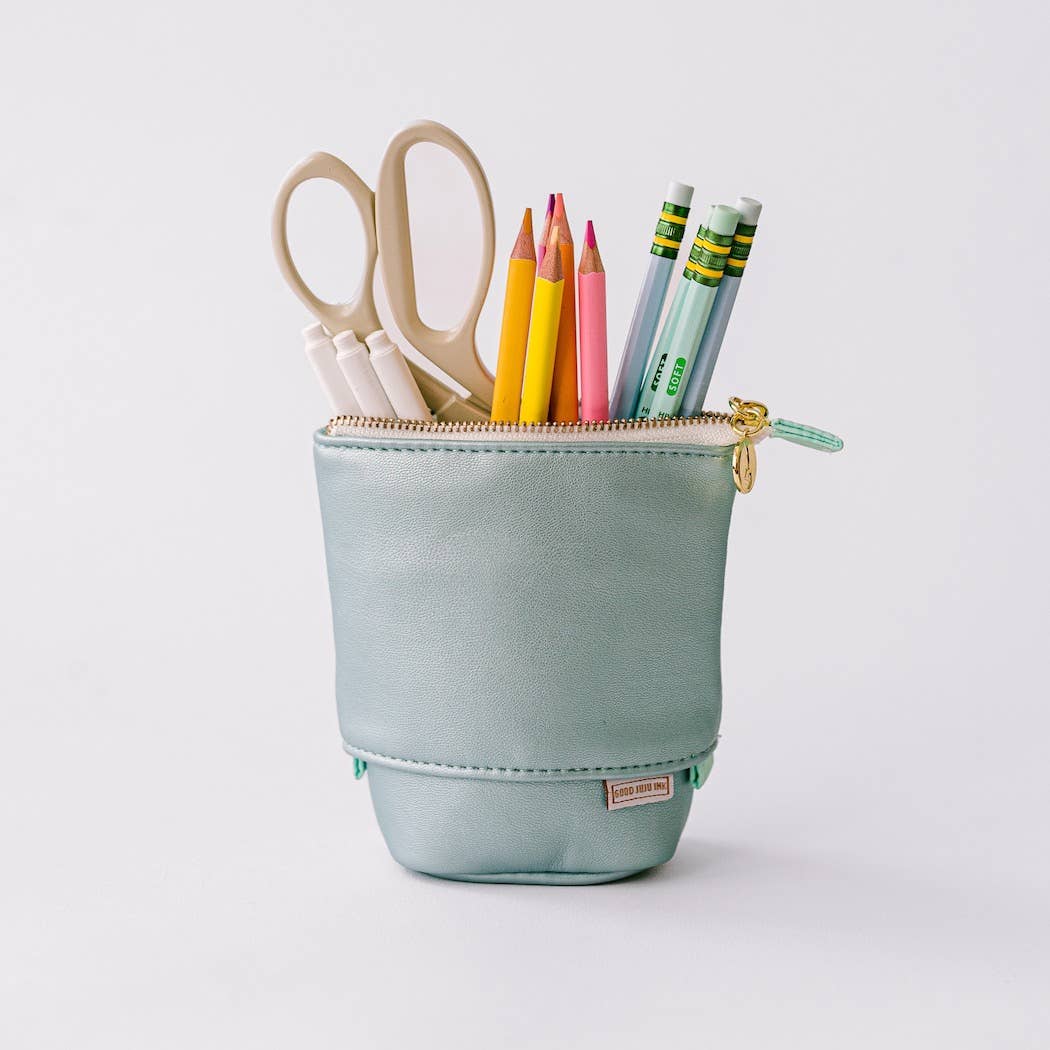 Good Juju Ink - Luxe Standing Pencil Pouch - Metallic Blue Sky - Jennie Dots