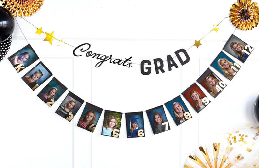 Grad photo banner displaying yearly pictures from kindergarten to senior year with "Congrats Grad" lettering.