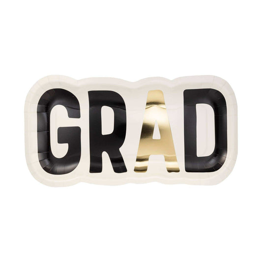 GRAD shaped paper plate for graduation parties.