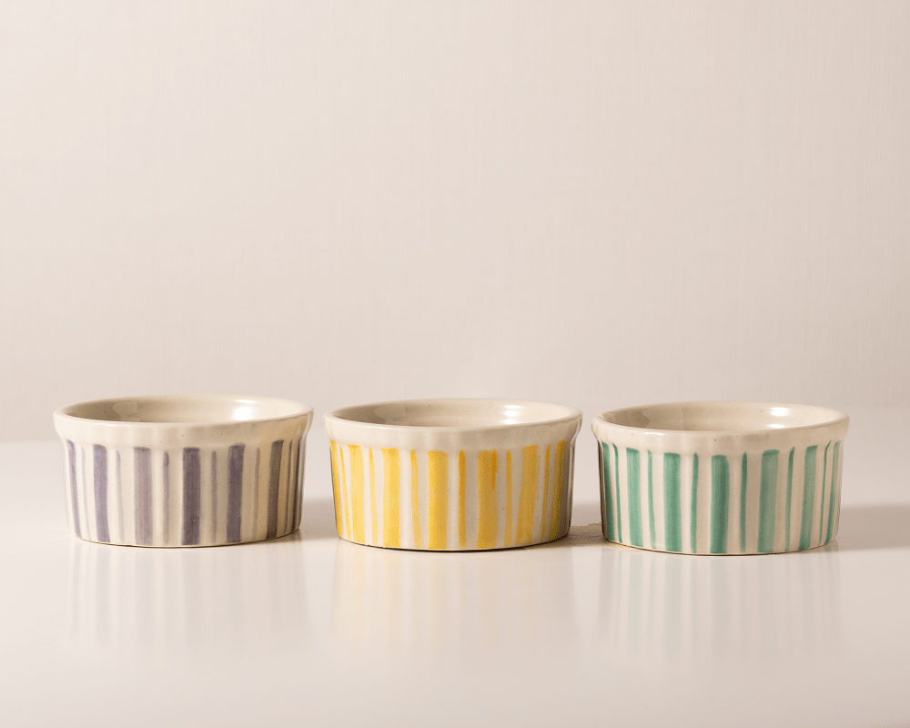 Handmade Ceramic Stripe Bowl set of 3 in gray, yellow, and green.