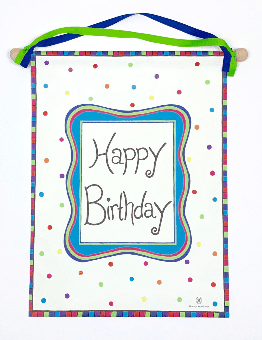 Happy Birthday Banner with colorful dots, cotton canvas, and ribbon hanger.