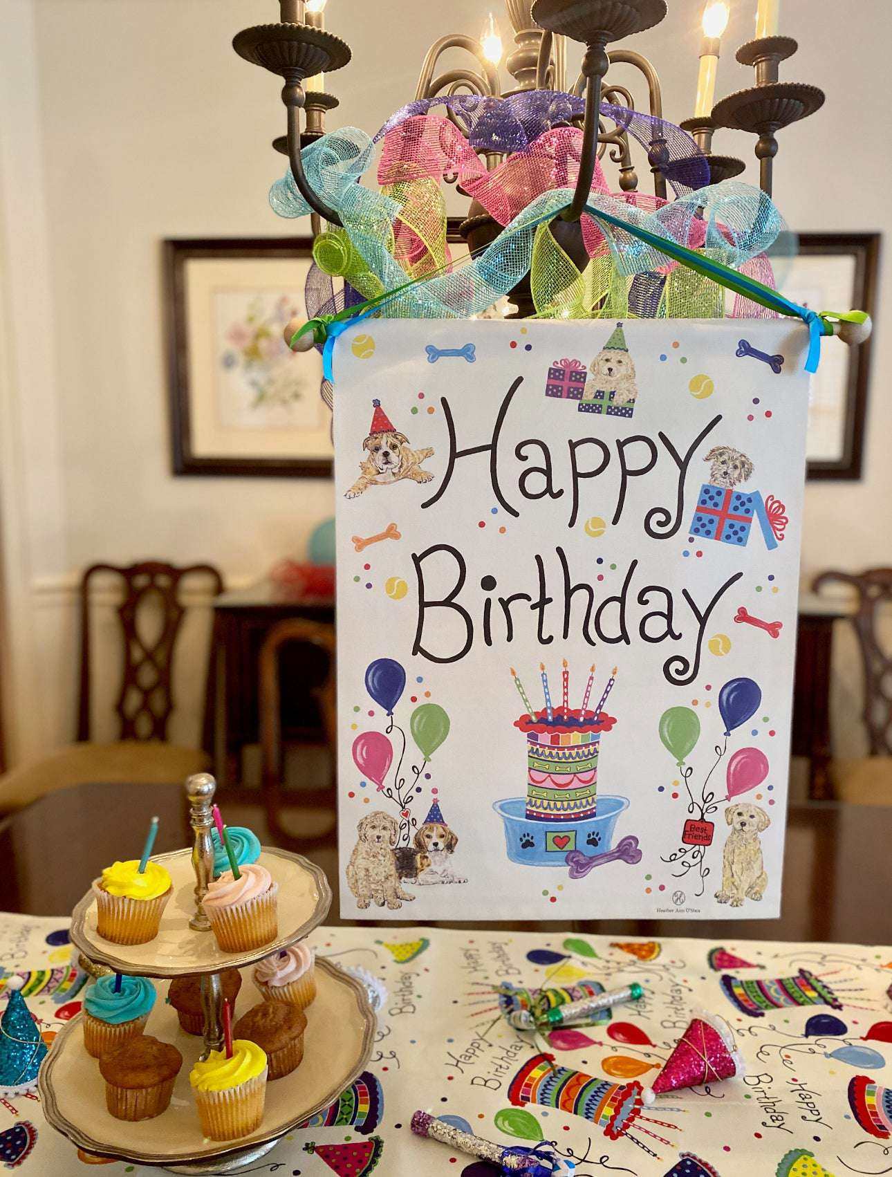 Happy Birthday Dog Banner with colorful dog illustrations and festive decorations.