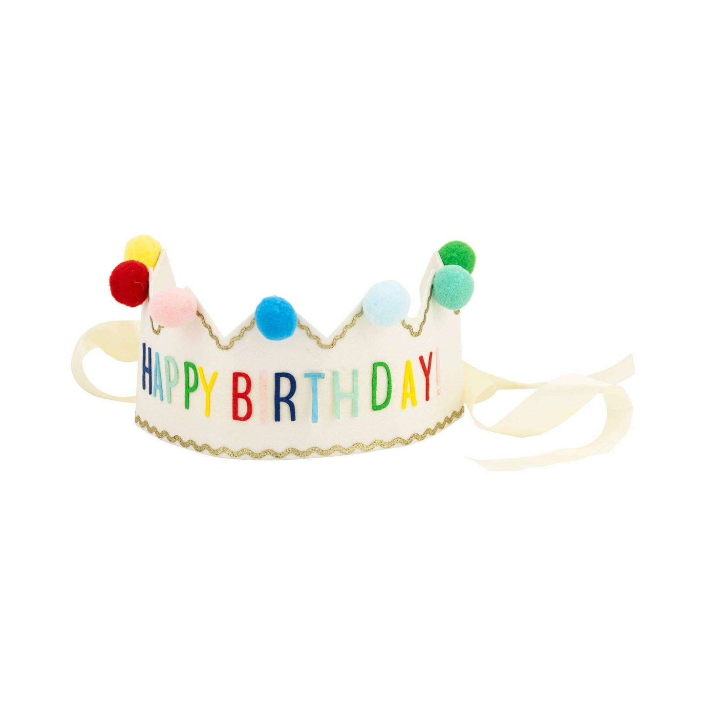 Happy Birthday Felt Crown with colorful pom poms and ribbon ties.