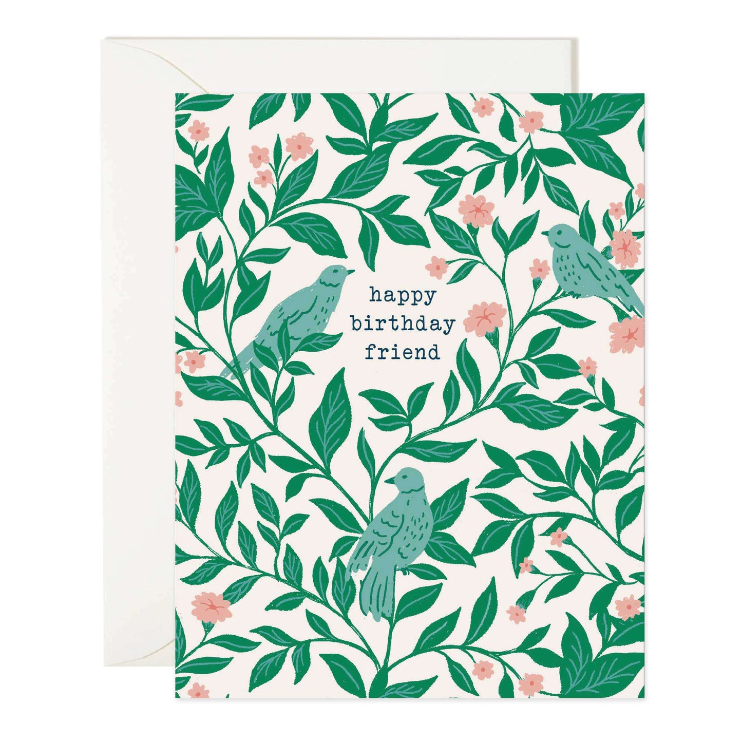Happy Birthday Friend Bird Floral Card with green leaves and birds illustration.